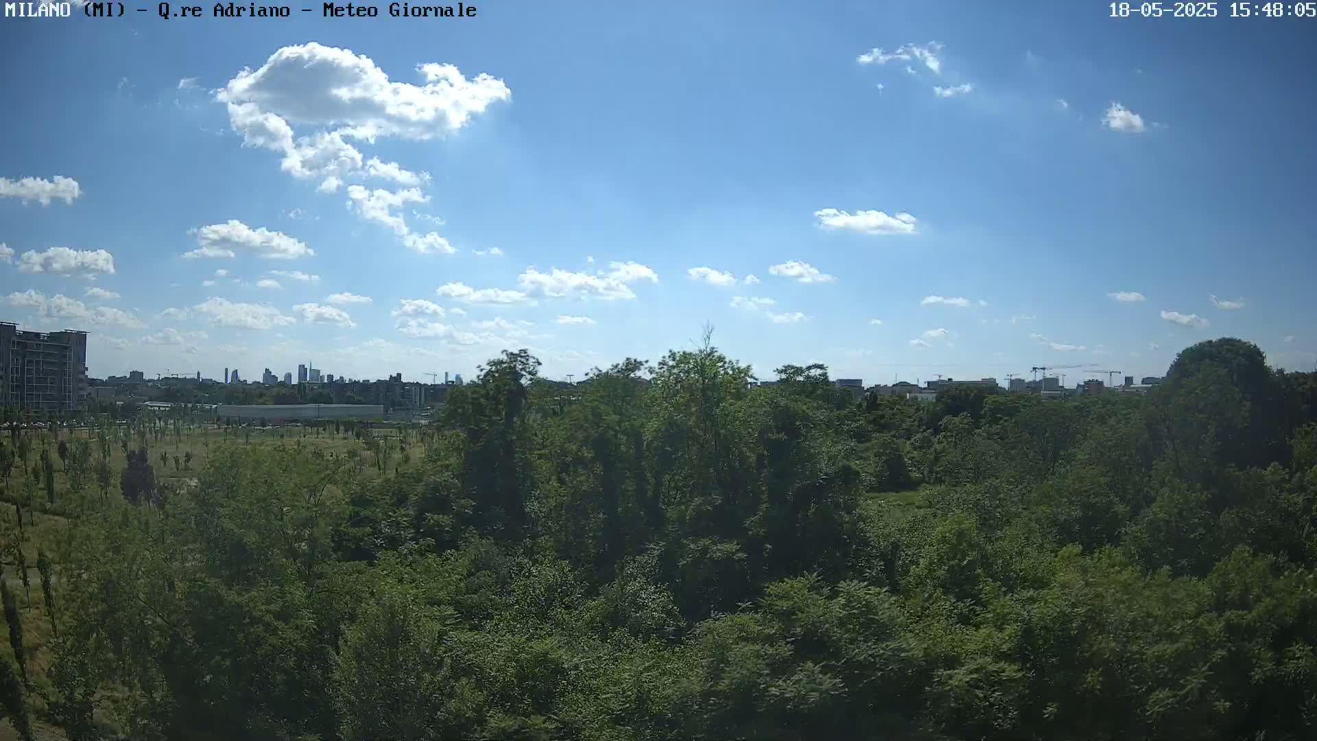 A mostly sunny sky with scattered clouds overlooks a lush green landscape and a distant cityscape.