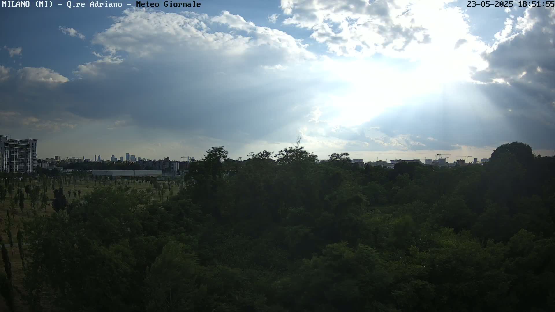 A partly cloudy sky with sun rays shining through, overlooking a lush green park and a distant cityscape.