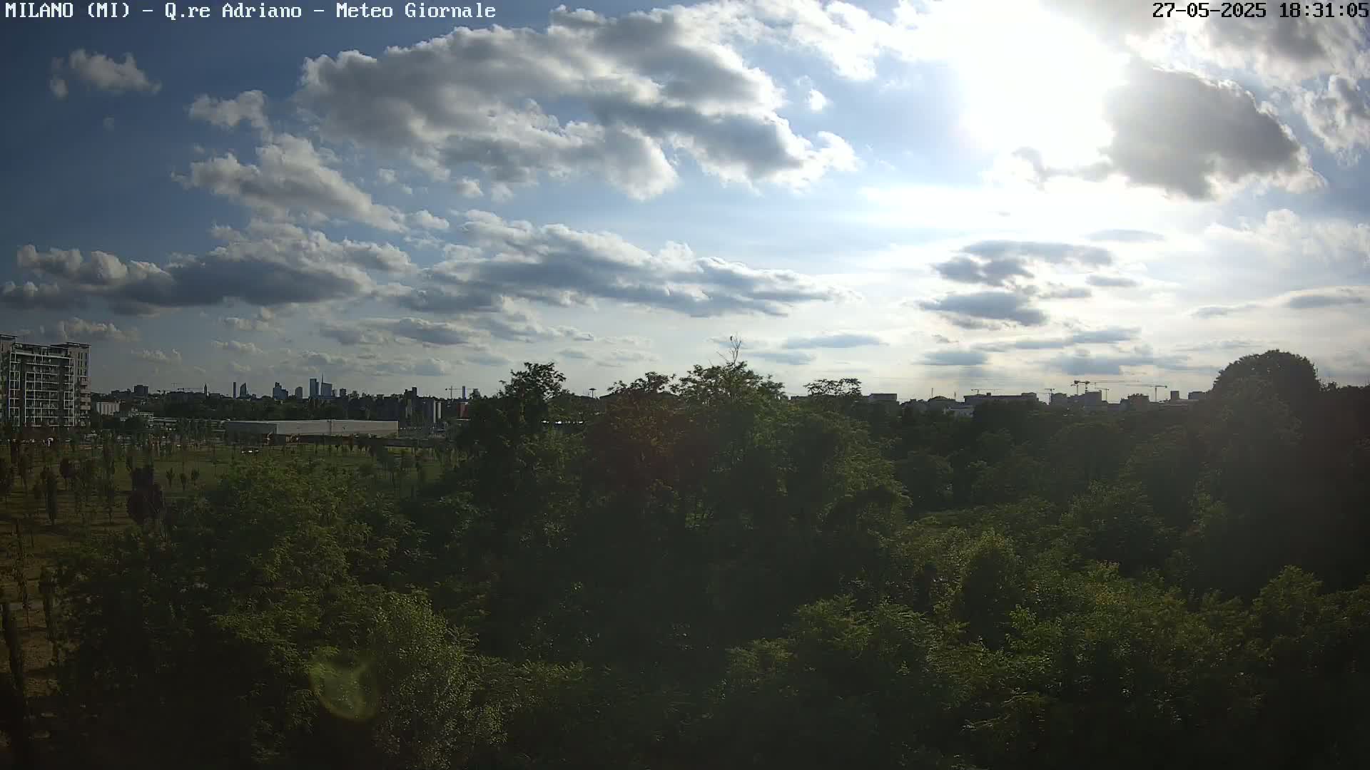 A partly sunny sky with scattered clouds overlooks a lush green landscape and a distant cityscape.