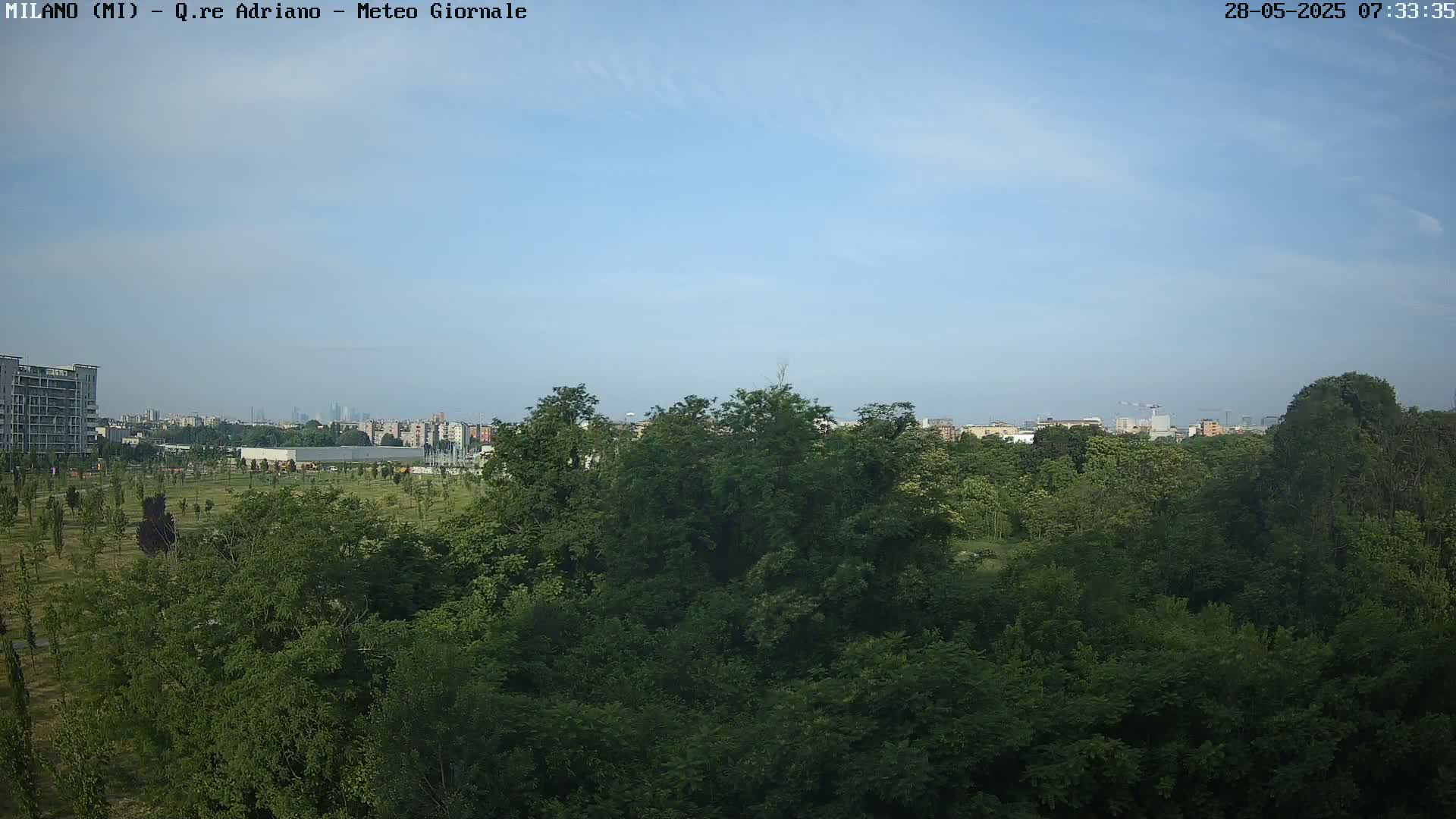 A mostly clear sky overlooks a lush green park, beyond which a city skyline is visible in the distance.