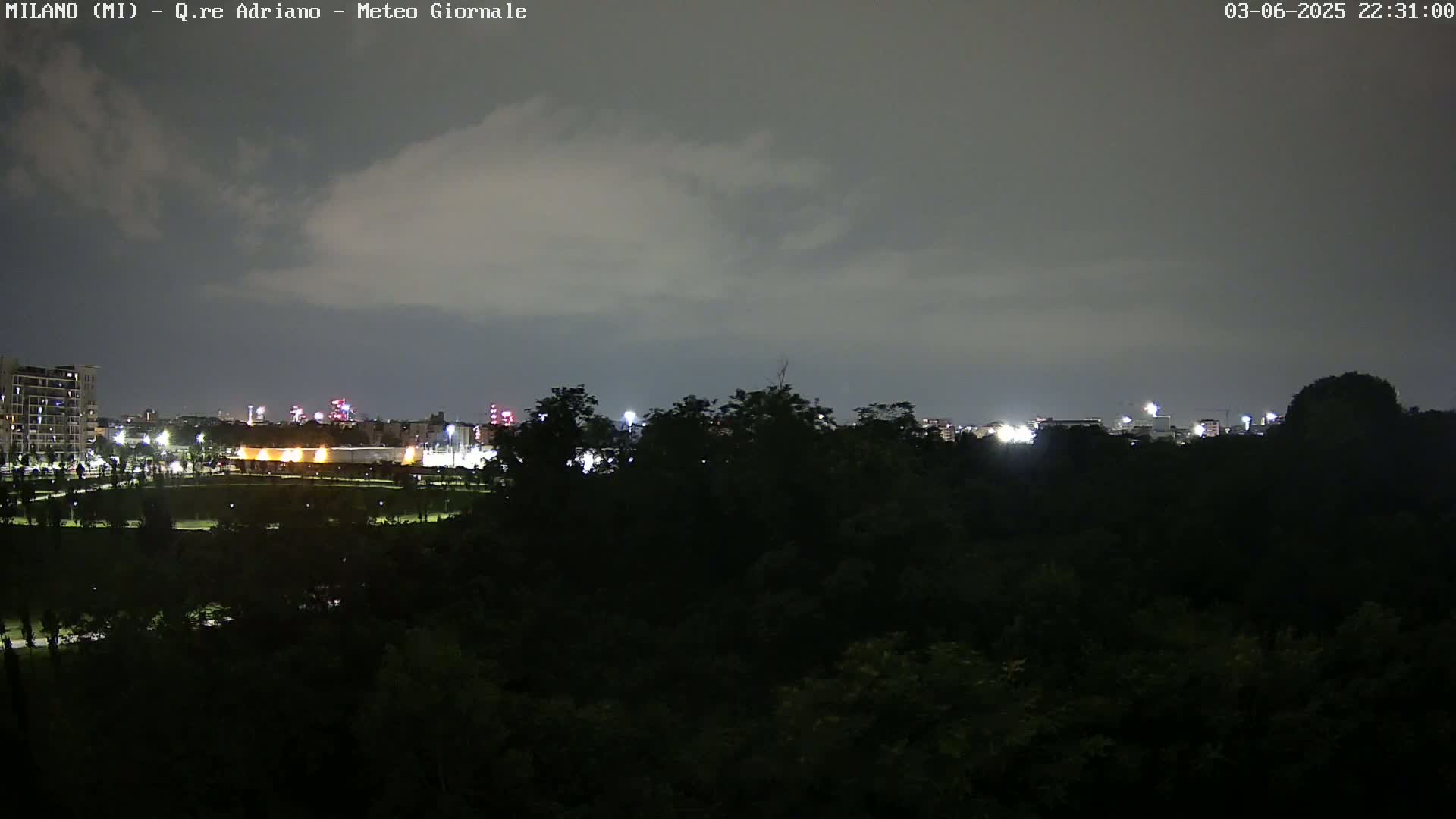 A nighttime view of a city skyline partially obscured by a dark, tree-lined hill under a cloudy sky.