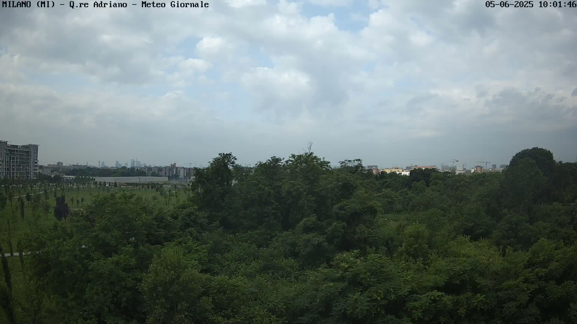 A view of a lush green park with a cityscape and partly cloudy sky in the distance.