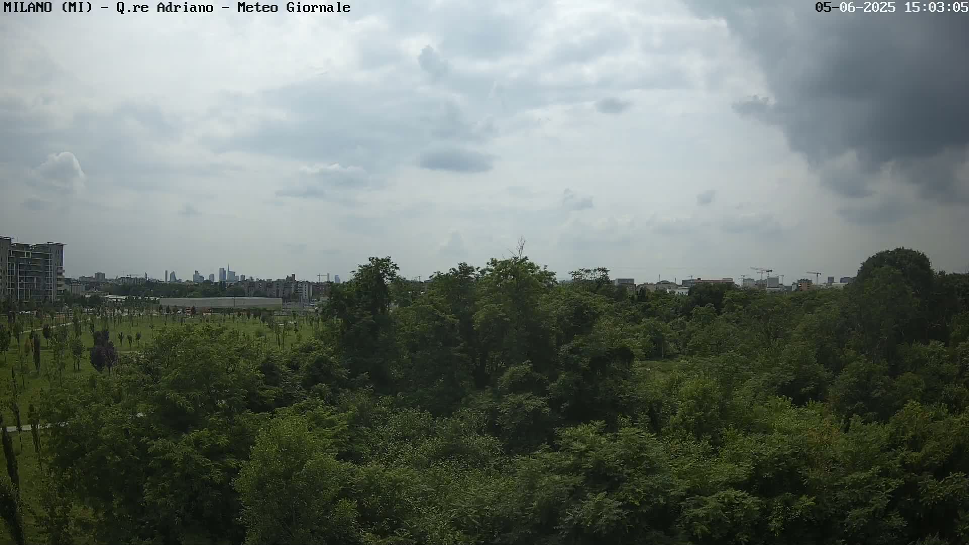 A mostly cloudy sky hangs over a lush green park with a cityscape visible in the distance.
