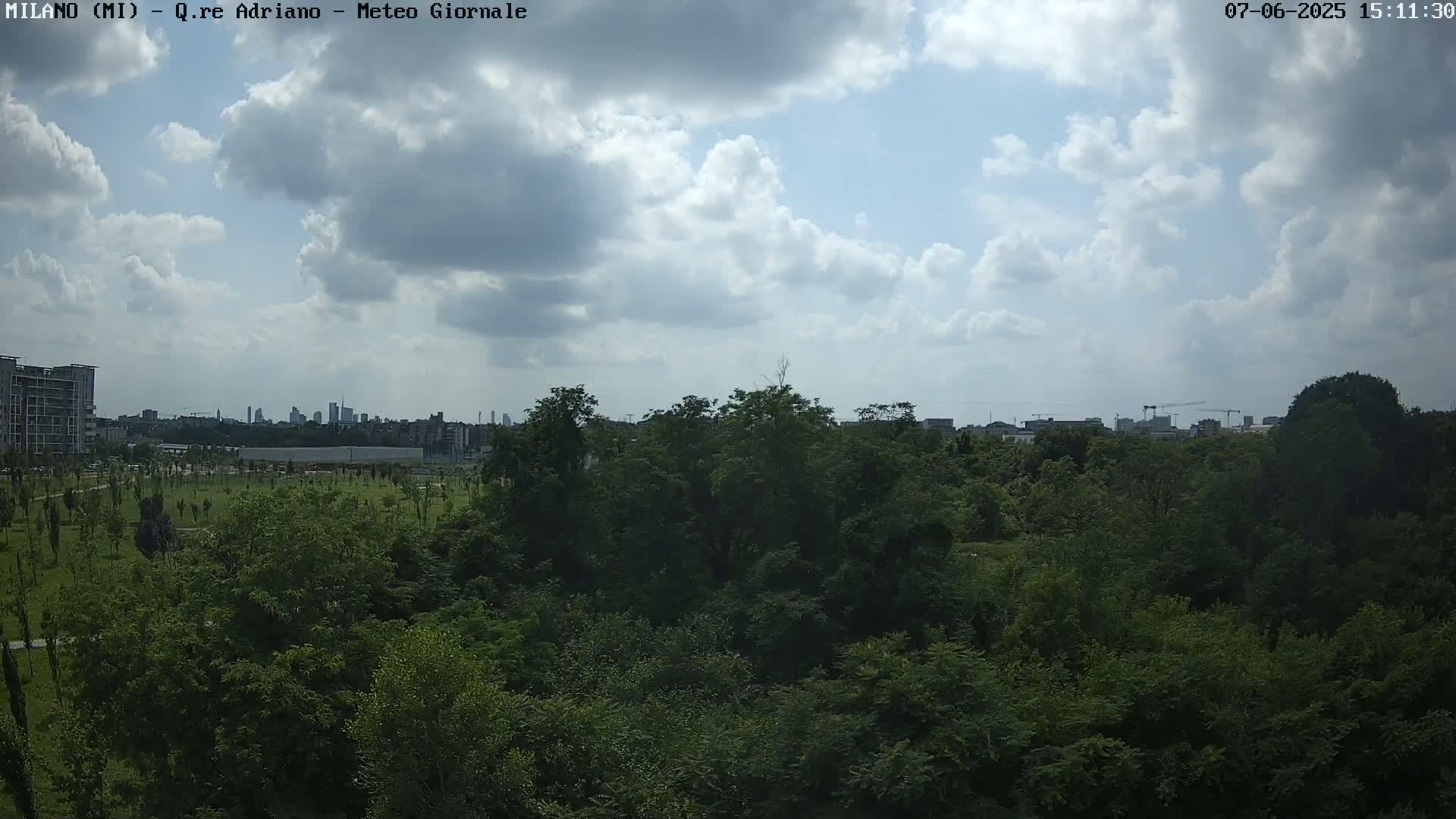 A partly cloudy sky overlooks a lush green park with a city skyline visible in the distance.