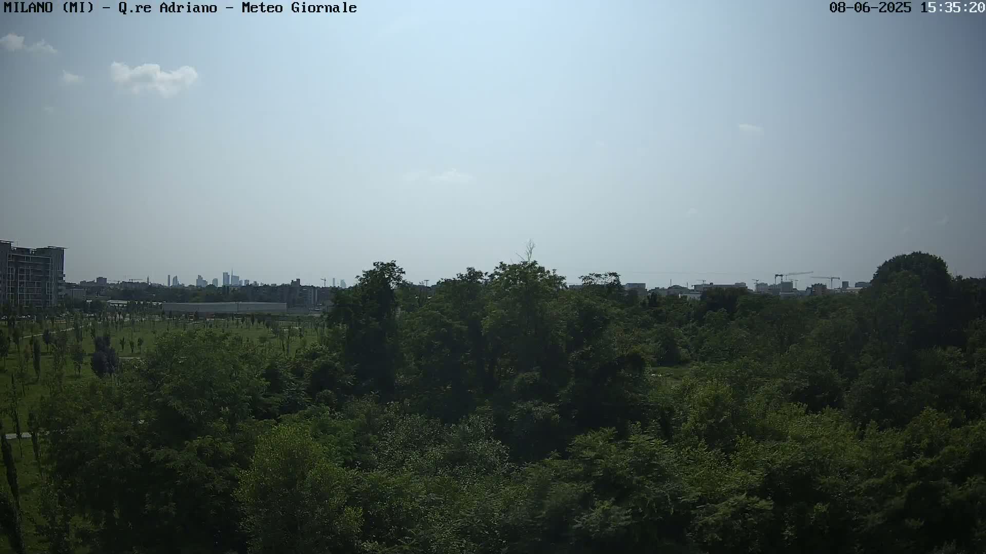 A mostly sunny day reveals a cityscape in the distance beyond a lush green expanse of trees and parkland.
