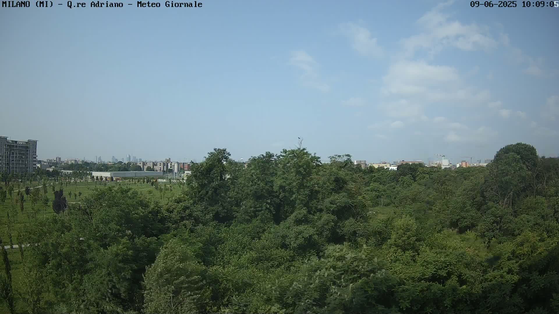 A mostly sunny day with some clouds shows a lush green park with a city skyline in the distance.