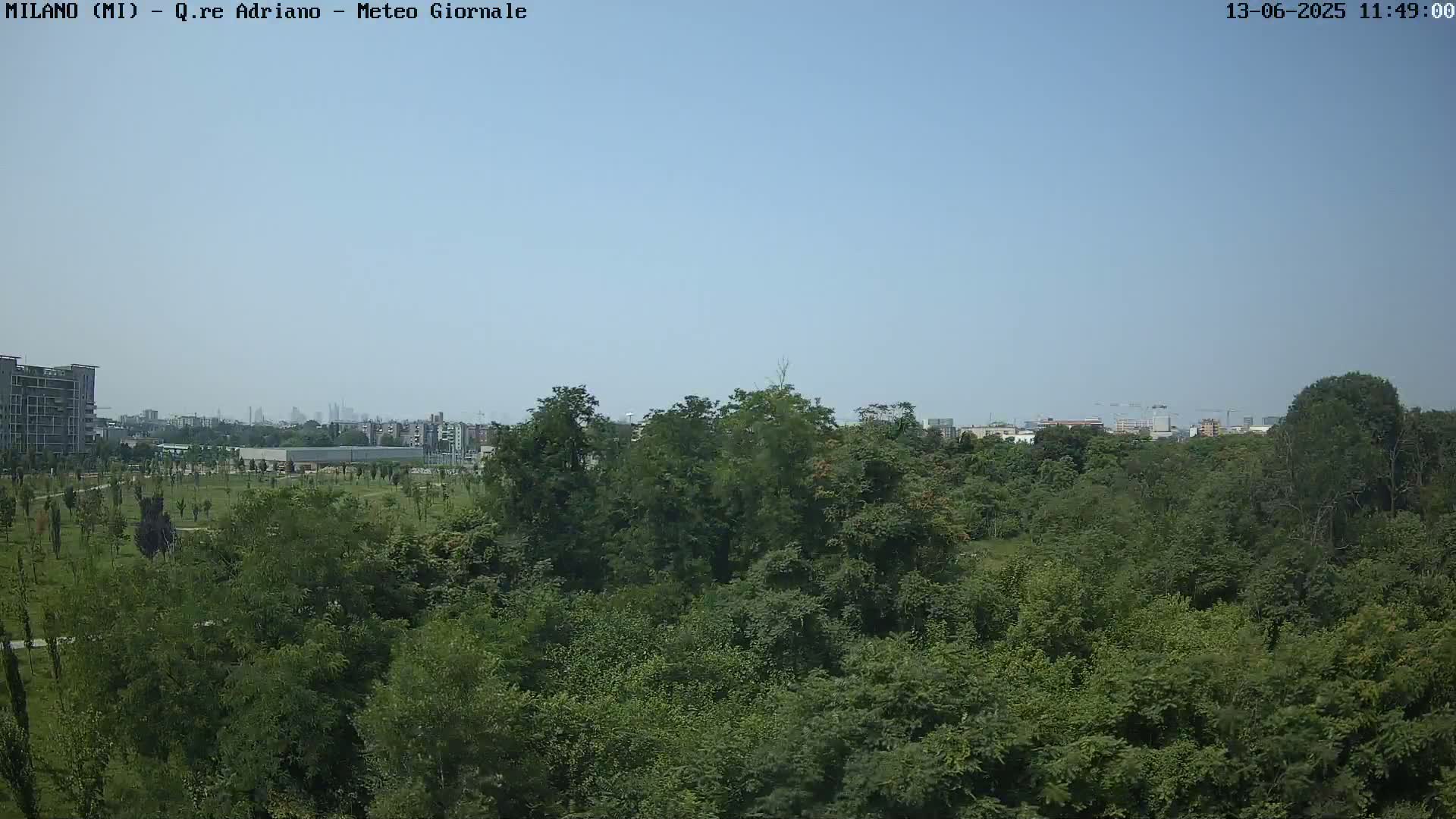 A lush green park with trees and shrubs stretches out to a distant cityscape under a clear, bright blue sky.