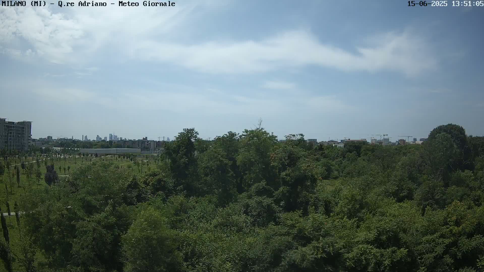 A mostly sunny day shows a view of a green park with trees and a city skyline in the distance.