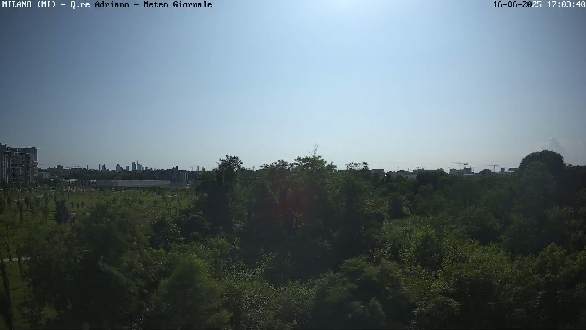 A mostly sunny day reveals a lush green park with a cityscape visible in the distance.
