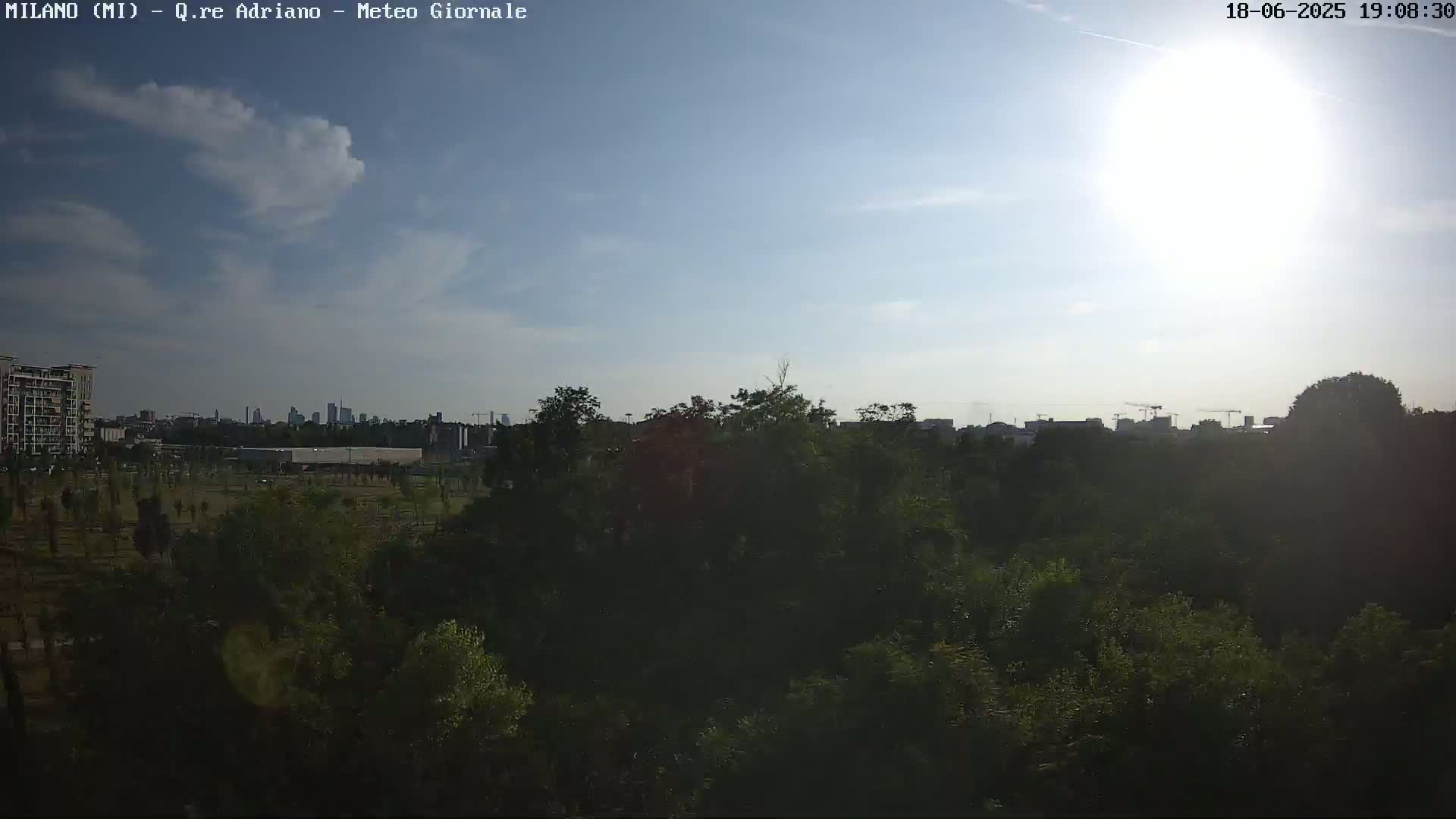 A mostly sunny sky with some clouds hangs over a dense, green park with a city skyline visible in the distance.