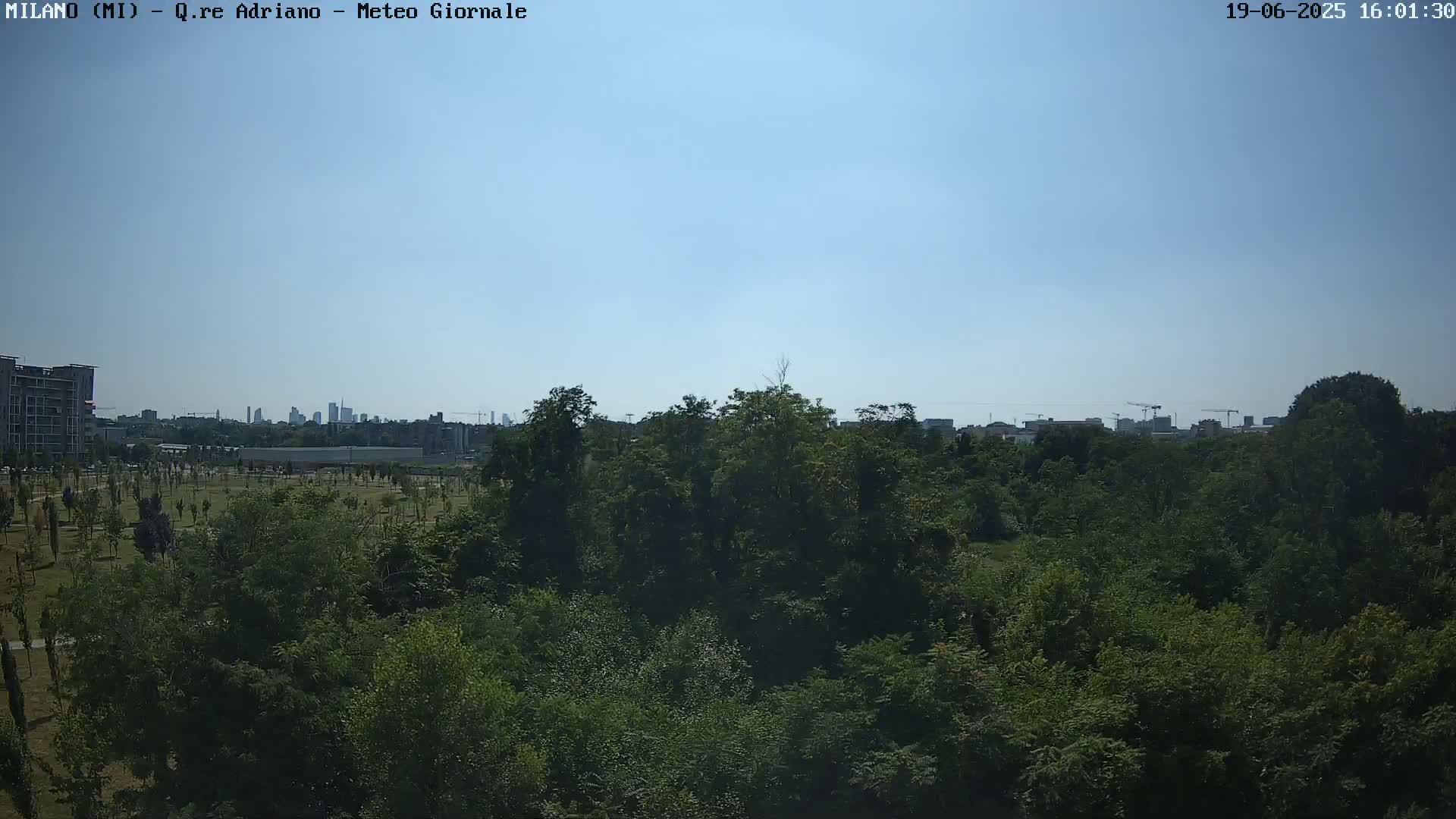 A view of a lush green park with a distant cityscape under a clear blue sky.