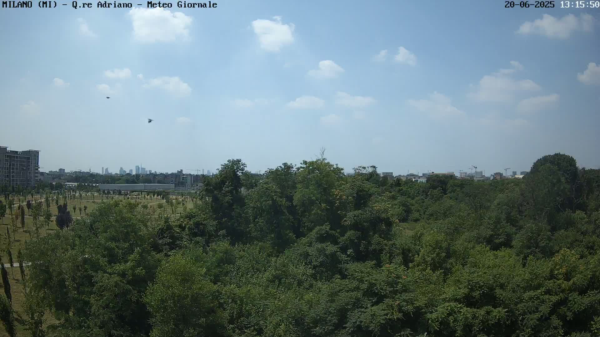 A mostly sunny day with some scattered clouds over a lush green park, beyond which a city skyline is visible.