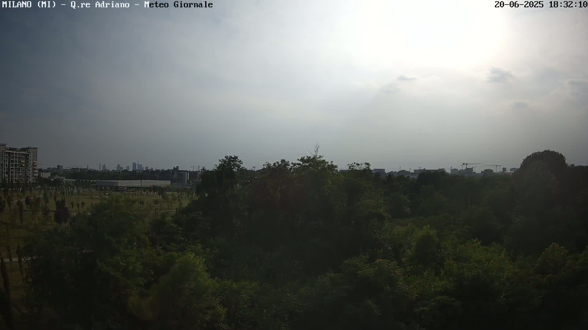 A mostly cloudy sky overlooks a dense, green park with a distant city skyline visible beyond it.