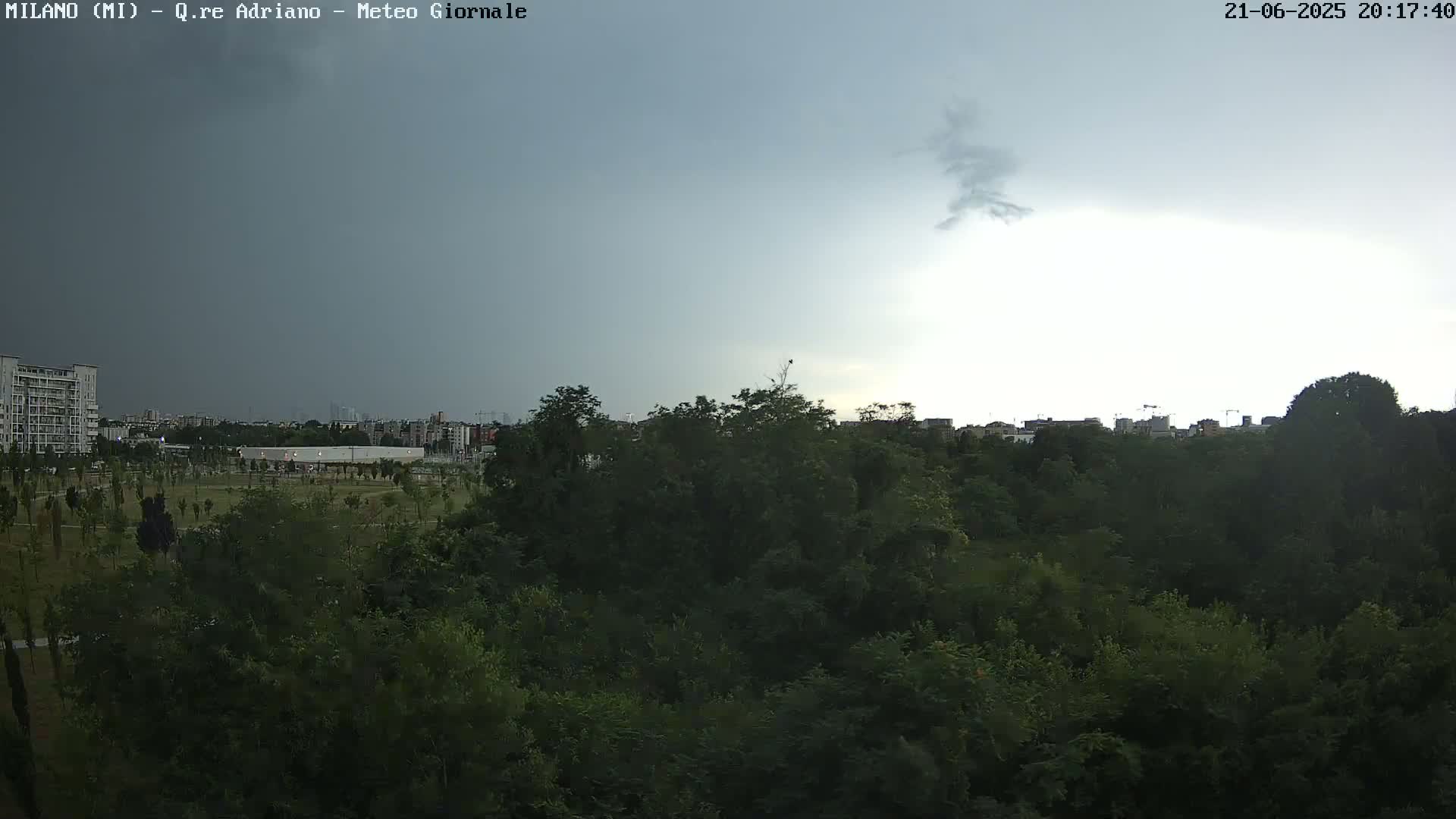 A view of a park with lush green trees under a mostly cloudy, overcast sky.