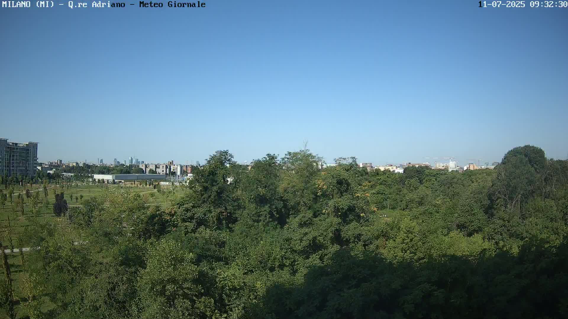 A lush green park, under a clear blue sky, extends towards a cityscape in the distance.