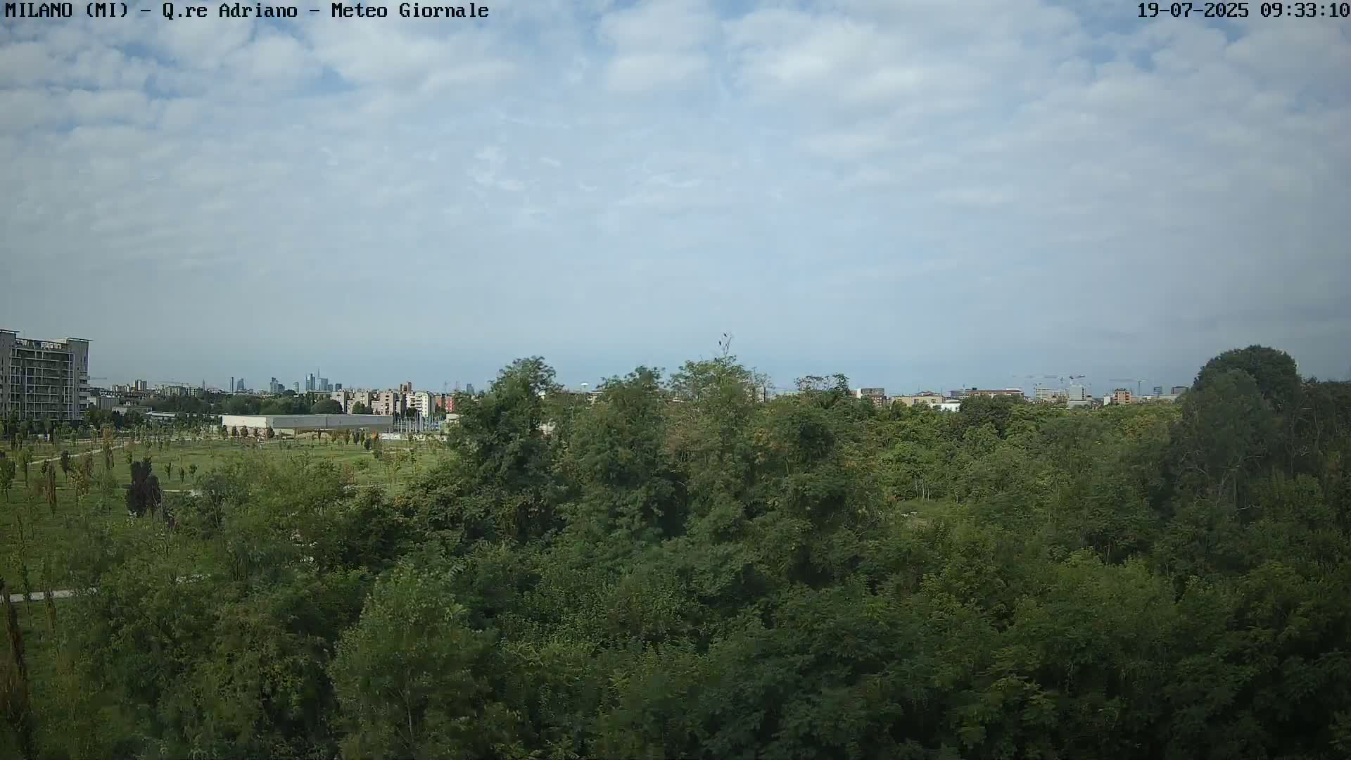 A partly cloudy sky overlooks a dense green forest with a city skyline visible in the distance.