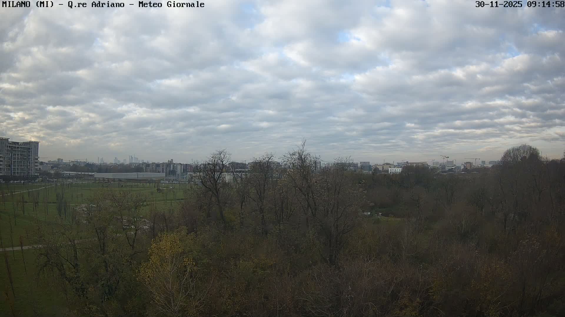 On an overcast day, a city park with numerous mostly bare deciduous trees and green spaces dominates the foreground, with urban buildings and a distant city skyline visible on the horizon under a heavily clouded sky.