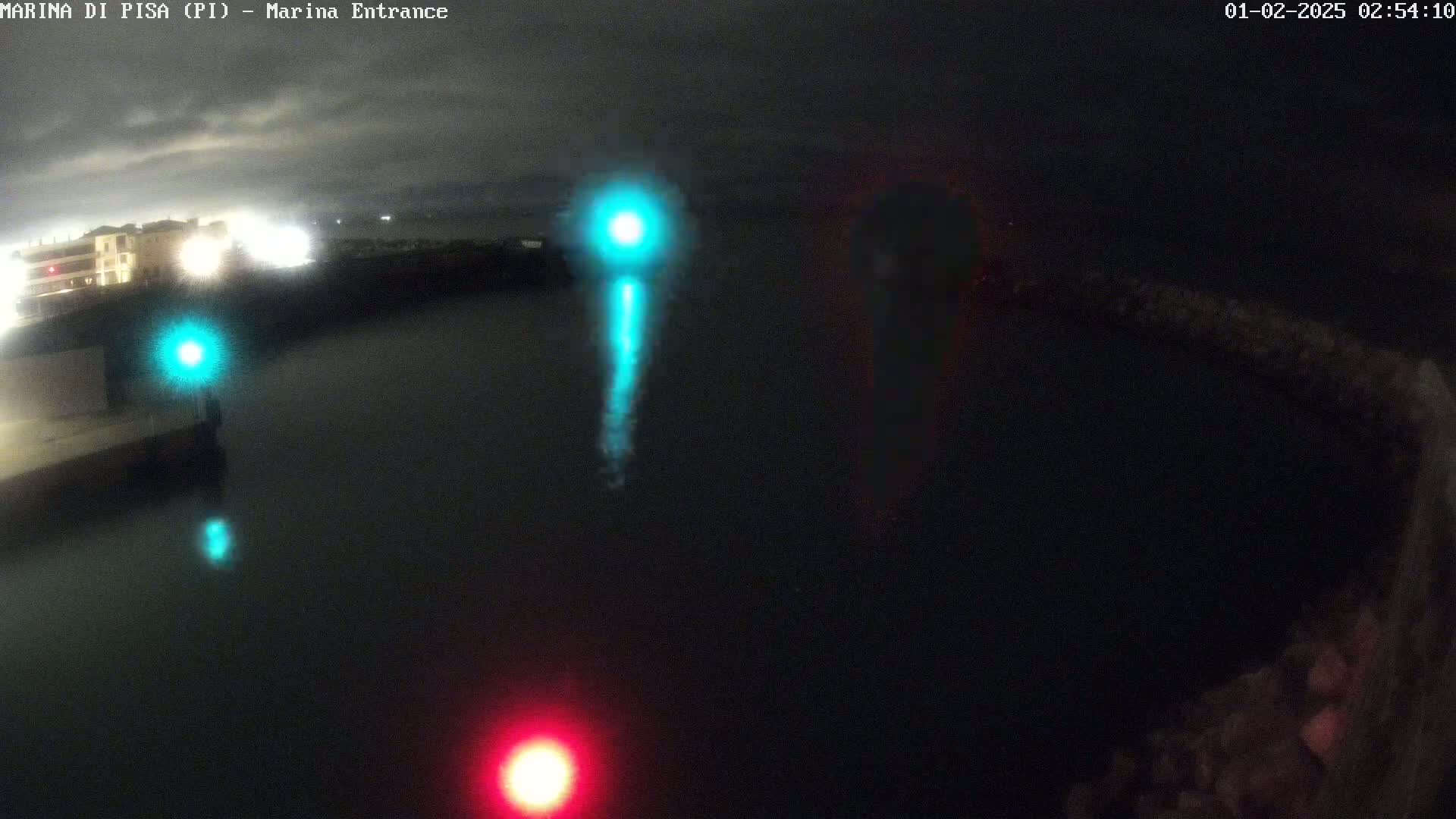 A nighttime view of a dark body of water with a few lights reflecting on its surface, under a cloudy sky.