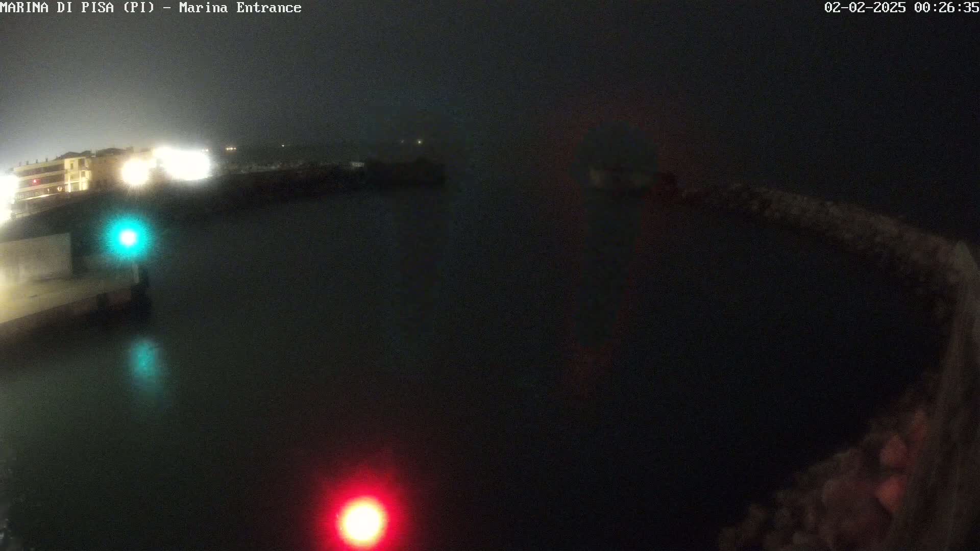 A nighttime, foggy view of a dark body of water with faintly lit buildings in the background and a red and green light visible on the water's edge.