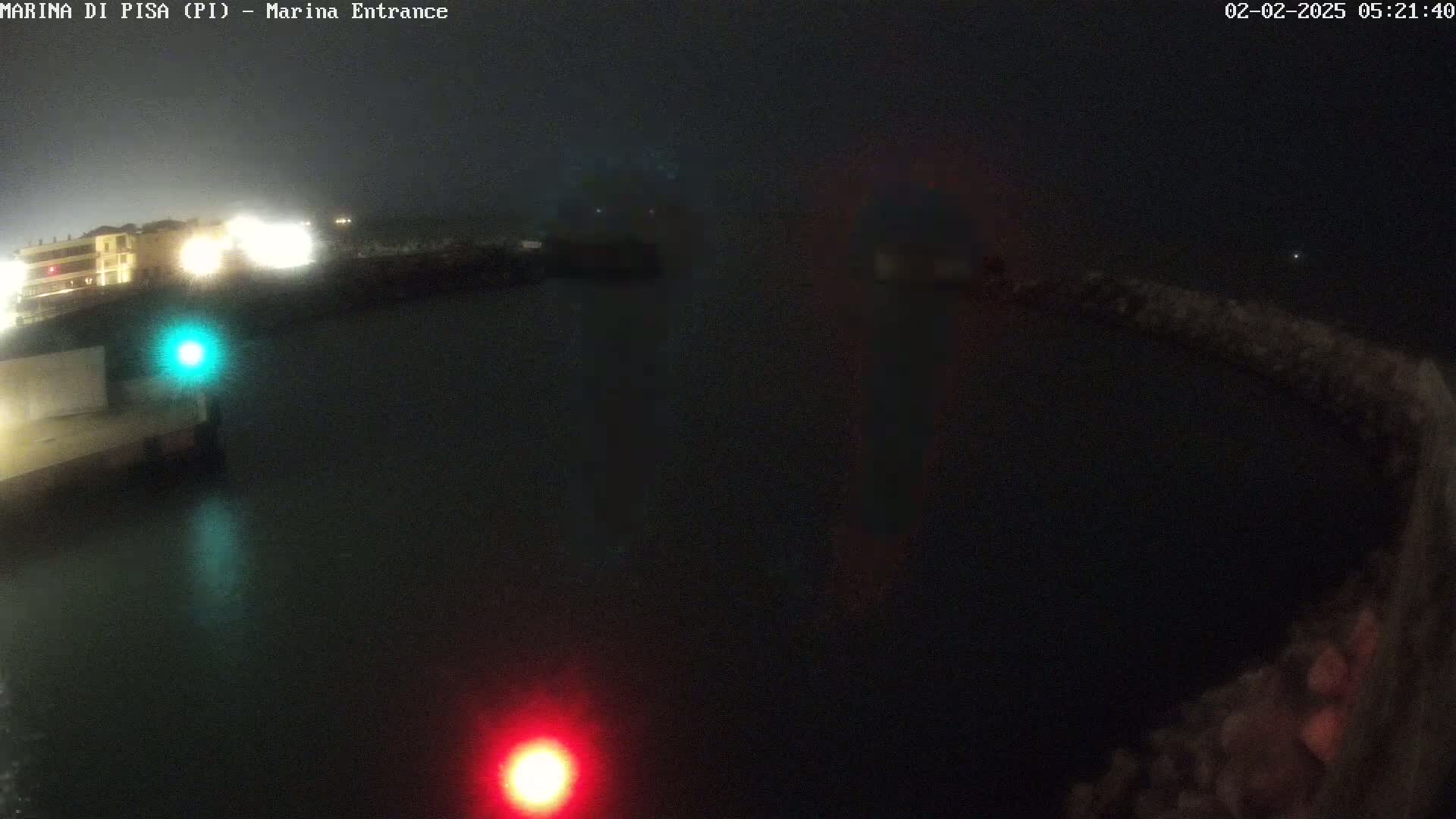 A nighttime view of a dark harbor with faint lights on the shore and a red and green navigation light in the water under hazy conditions.