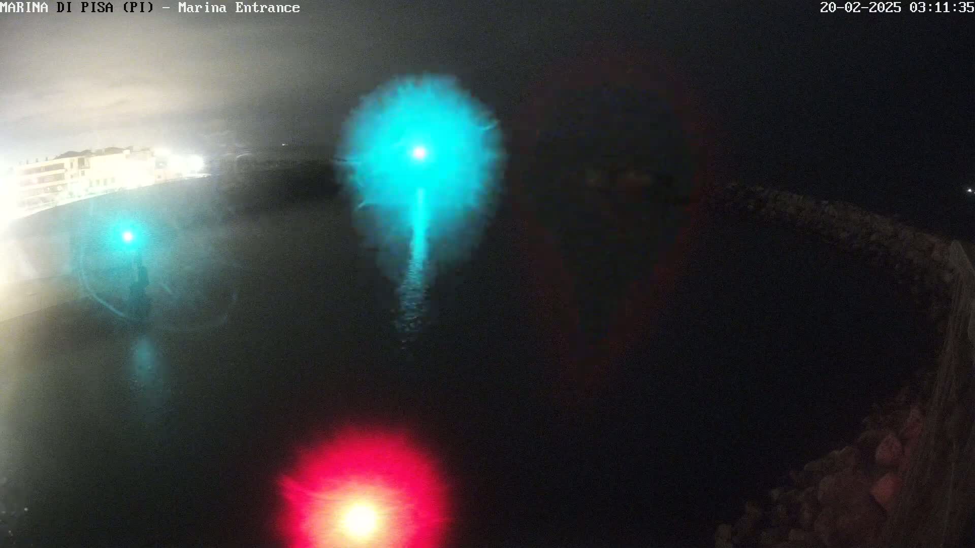A nighttime, dark view of a body of water with two bright lights, one teal and one red, emanating from below the surface.