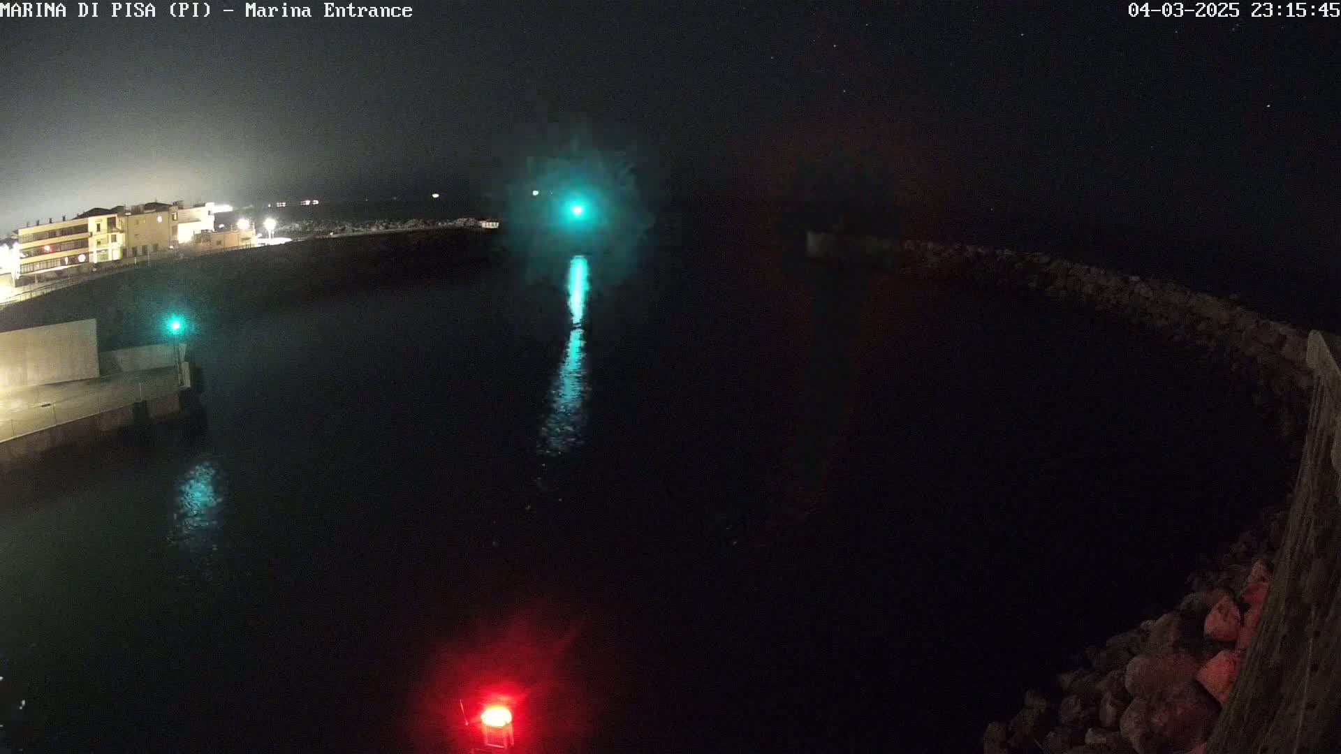 A nighttime view of a dark harbor with a building in the distance, illuminated by a green light in the water and a red light on a pier.