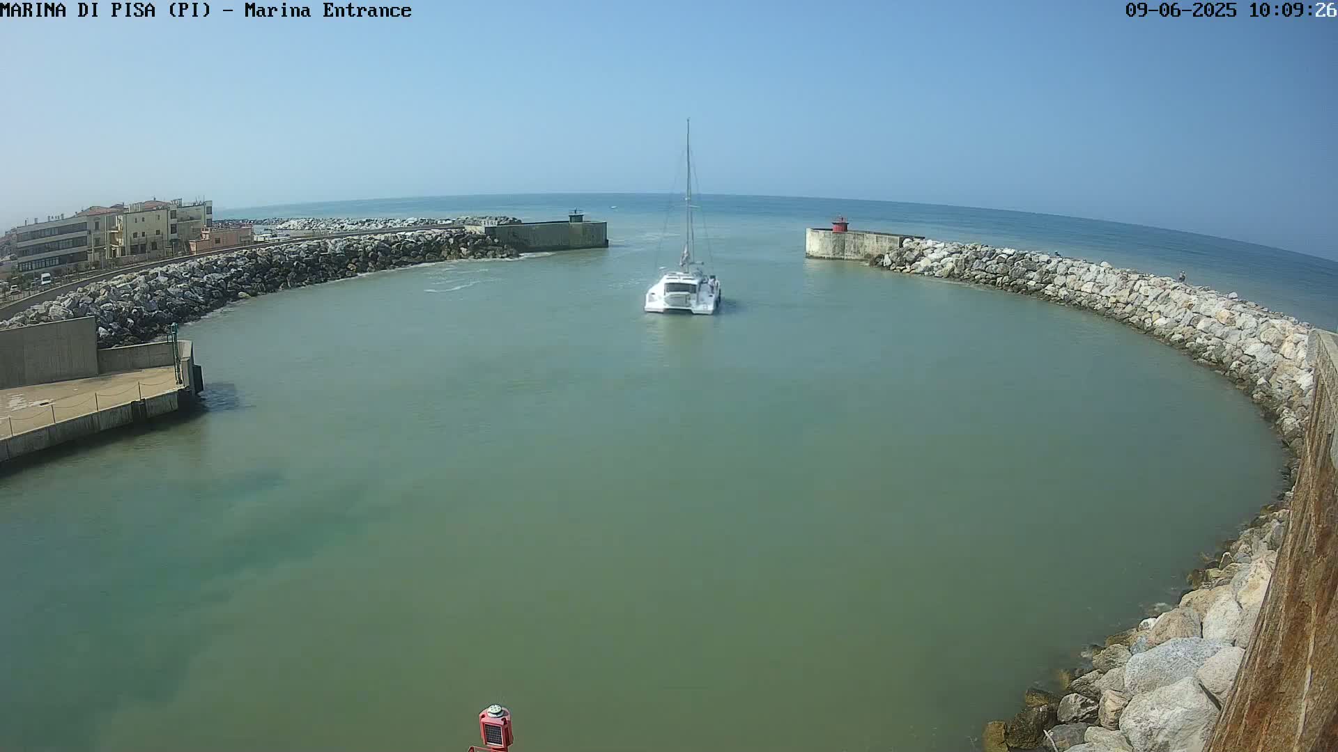A white catamaran sails into a harbor on a sunny day.