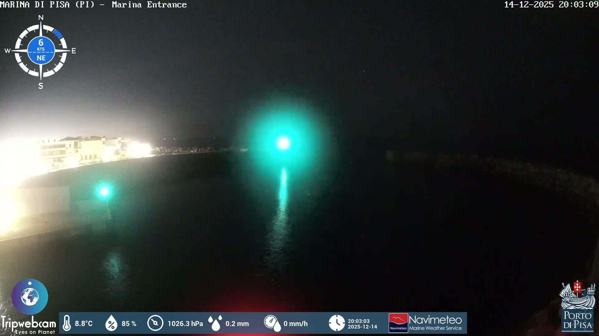 A calm marina entrance with two small lighthouses marking the gap between rocky breakwaters is viewed under a heavily overcast and dull grey sky, with buildings visible along the distant left bank.