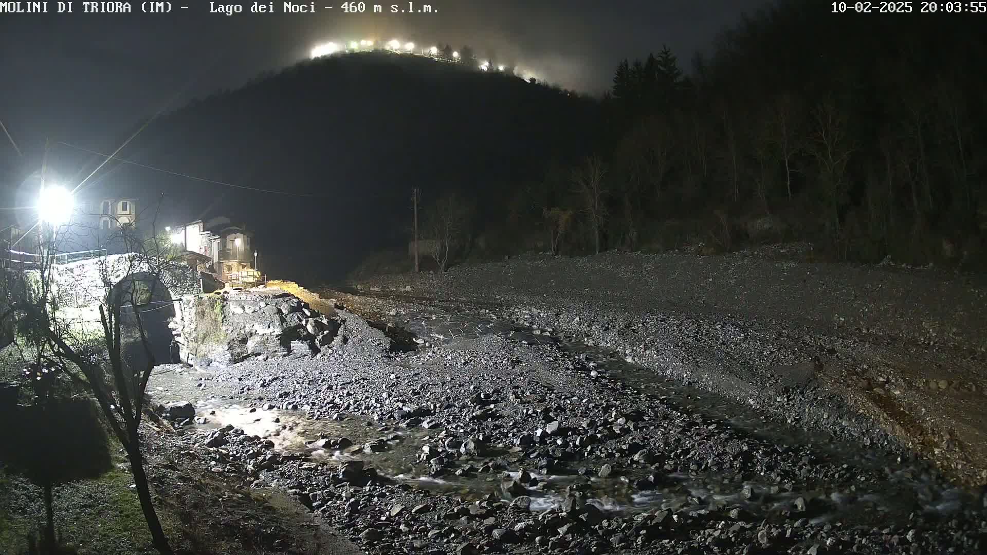 A rocky stream flows under a stone bridge at night, past a small village nestled against a dark, fog-shrouded hillside.