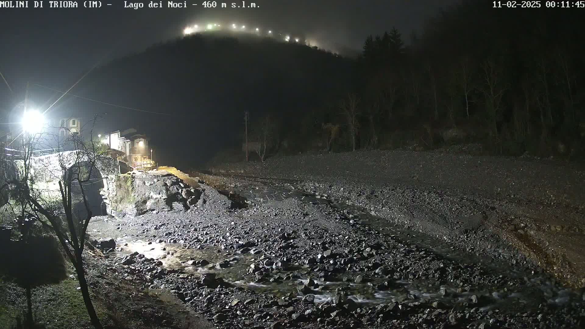 A rocky stream flows under a stone bridge at night, past a small village nestled at the foot of a fog-covered hill.