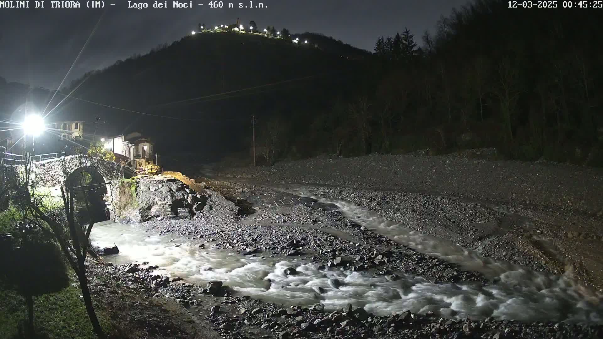 A fast-flowing river at night runs through a rocky riverbed near a stone bridge and village, illuminated by artificial lights.