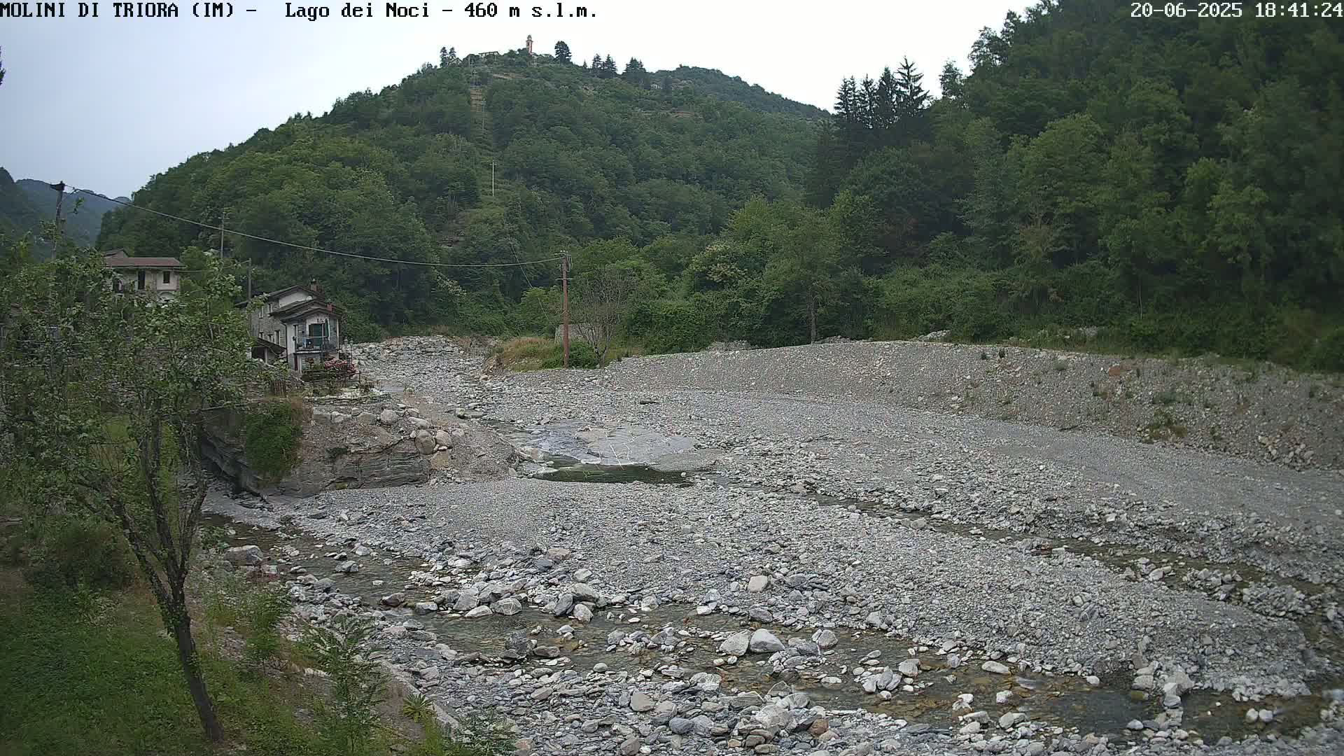 A rocky, dry riverbed with a small stream of water flows through it, situated below a hillside covered in lush green trees under an overcast sky.