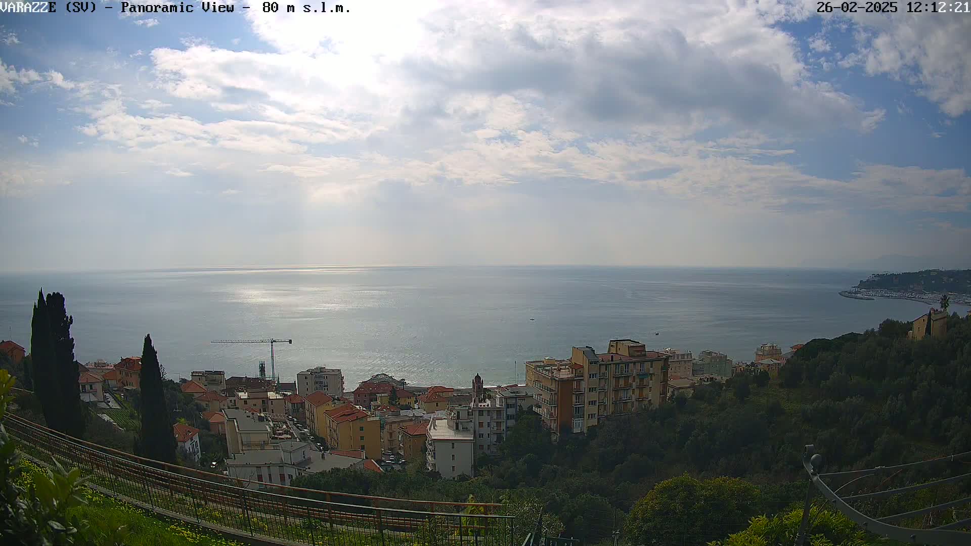A panoramic view shows a partly cloudy sky over a calm sea, with a coastal town nestled amongst green hills.