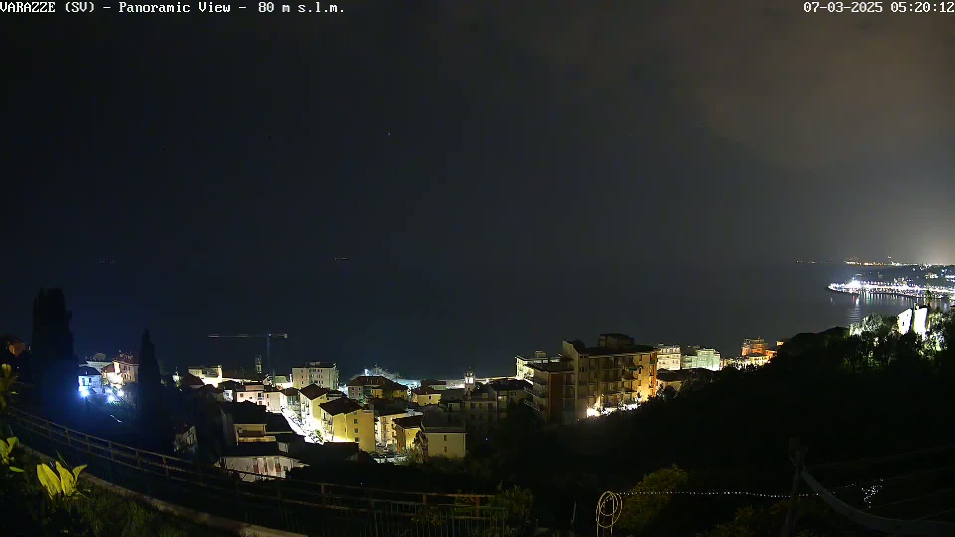 A nighttime, panoramic view of a coastal town with its lights illuminated against a dark sky over a calm body of water.