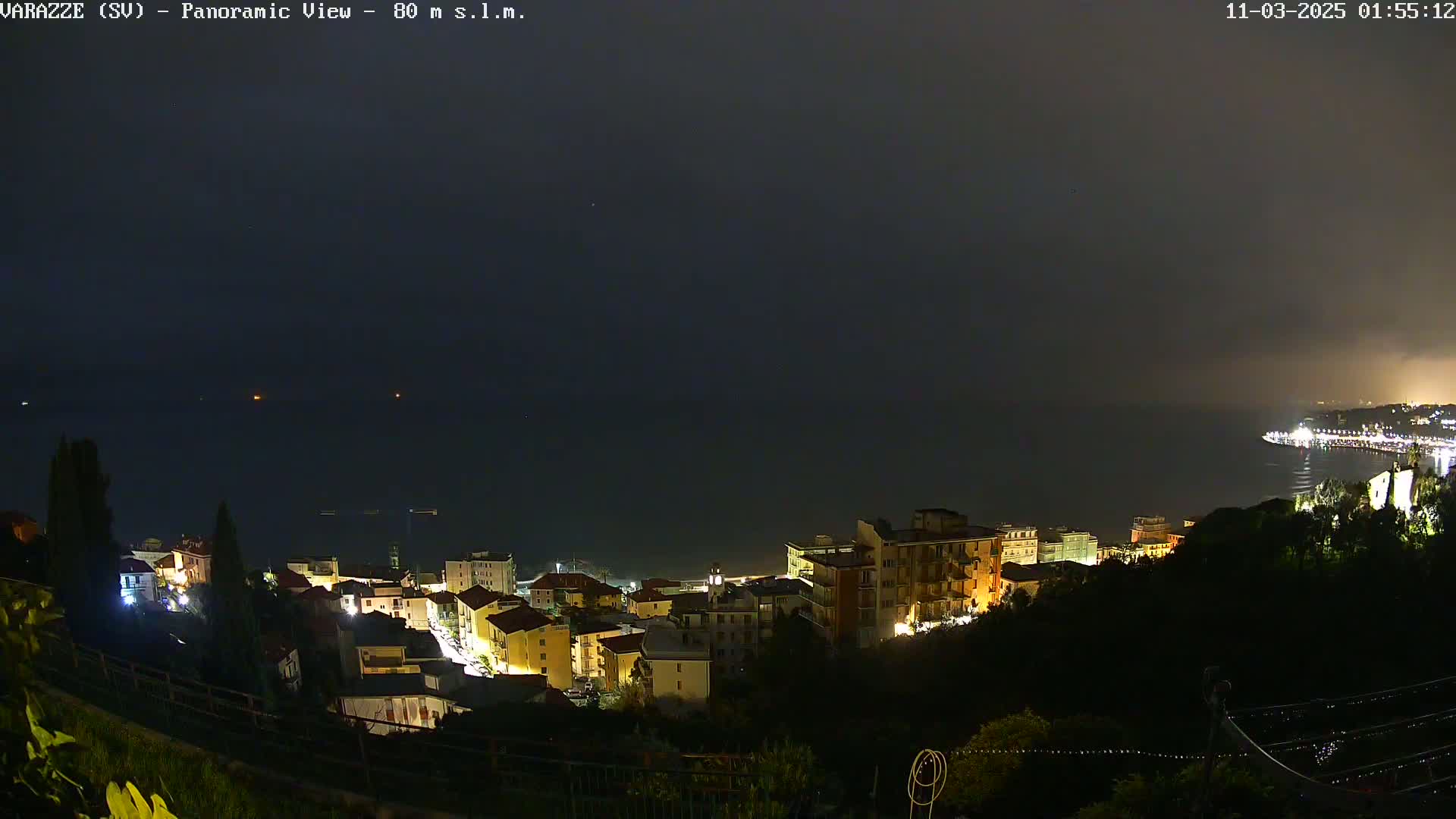 A nighttime, hazy view of a coastal town with lights illuminating buildings that slope down to a dark body of water.