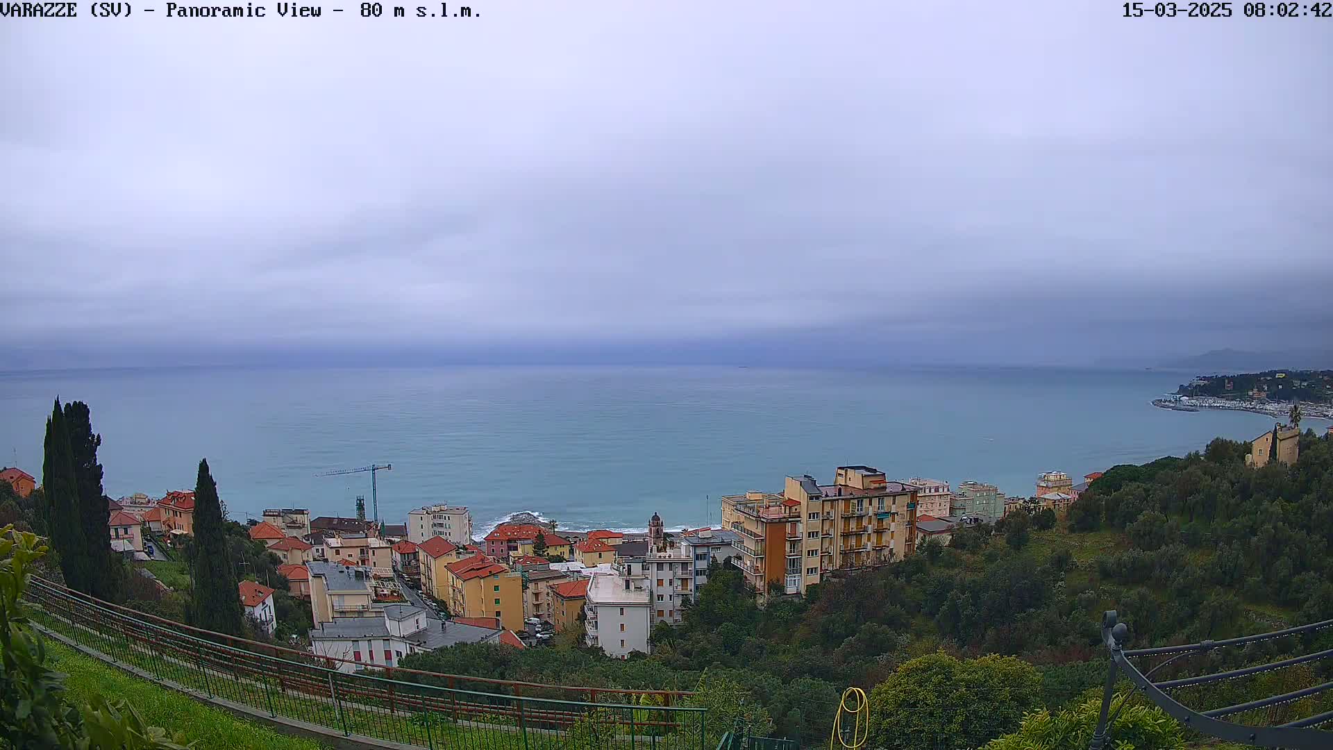 A coastal town nestled on a hillside overlooks a calm, gray-toned sea under an overcast sky.