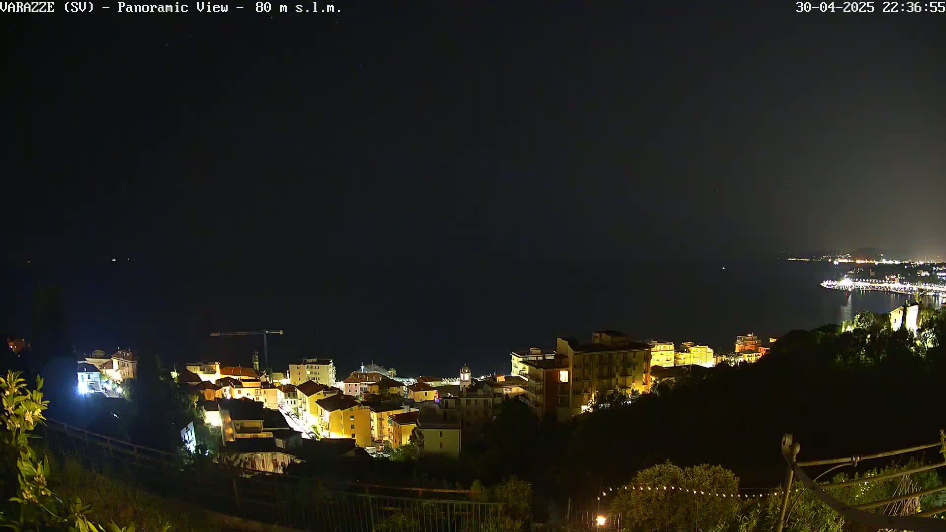 A nighttime, panoramic view of a coastal town illuminated by lights, overlooking a dark body of water under a clear night sky.