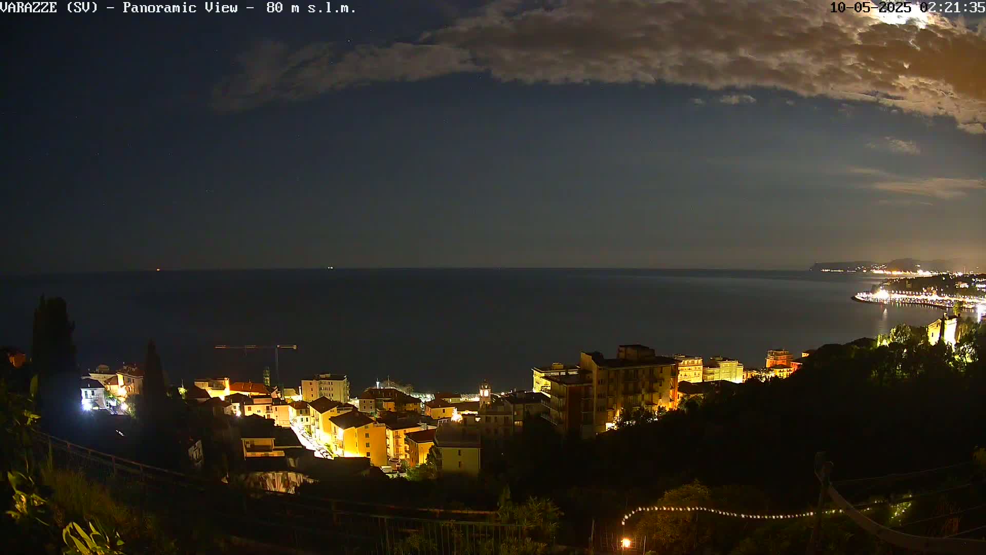 A nighttime, panoramic view of a coastal town with its lights illuminated, overlooking a dark sea under a partly cloudy sky.