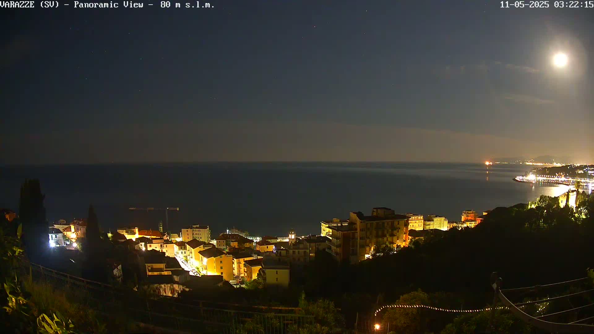 A moonlit night scene shows a coastal town with illuminated buildings overlooking a dark sea under a mostly clear sky.