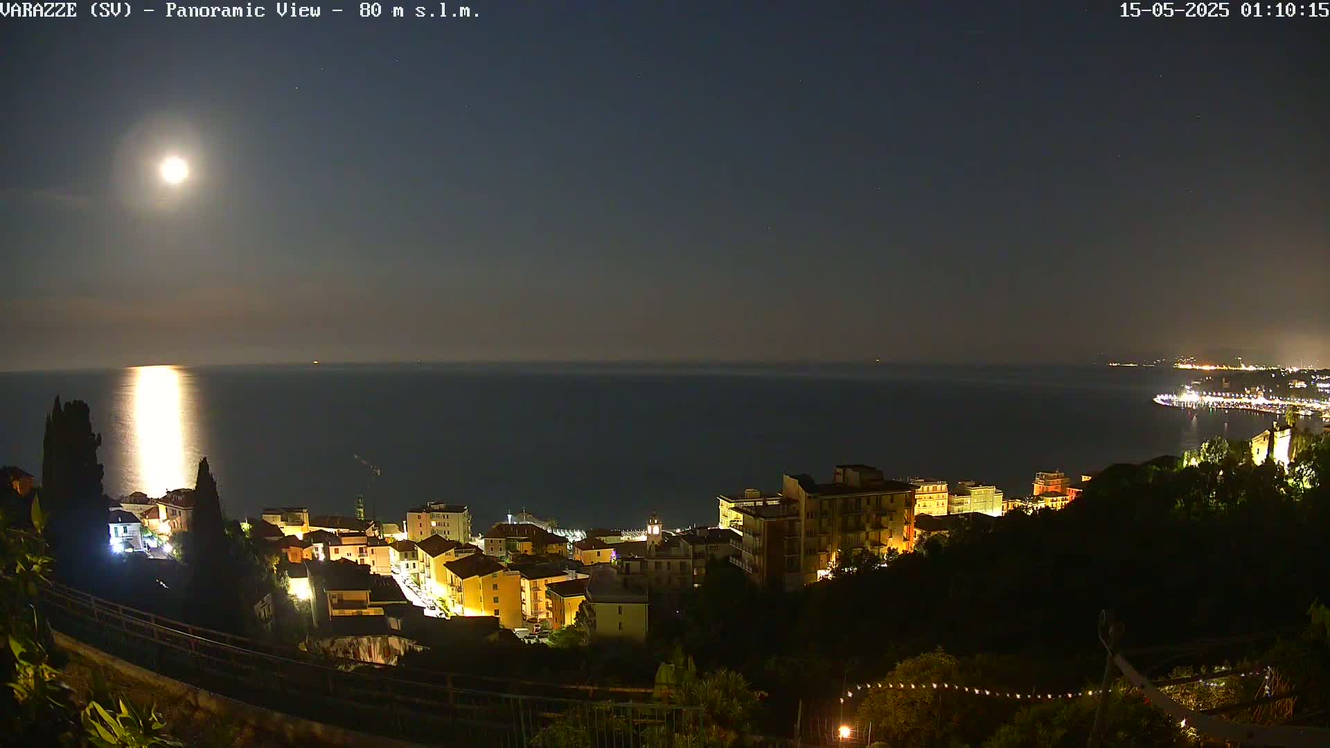 A nighttime panoramic view shows a coastal town illuminated with lights, overlooking a calm sea under a bright moon.
