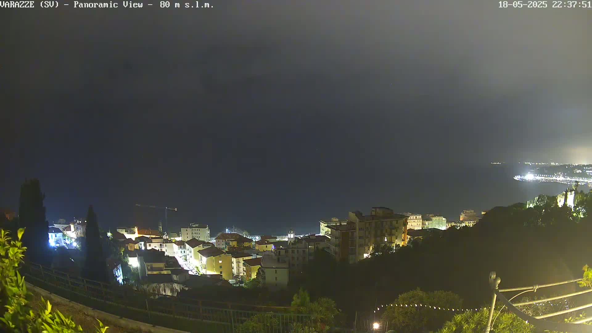 A nighttime, hazy view shows a coastal town with lights illuminating buildings along a hillside overlooking a dark ocean.