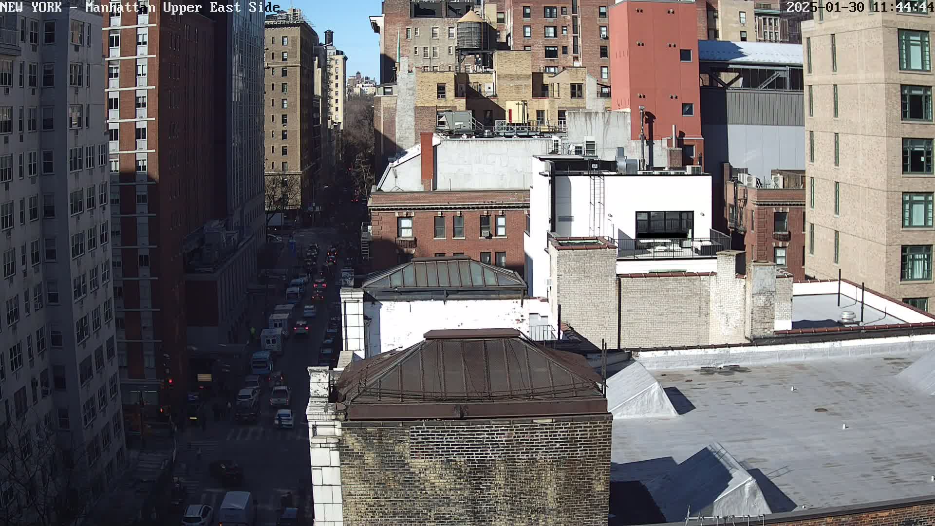 A sunny, high-angle view of a city street and numerous brick buildings, with cars visible on the street below.