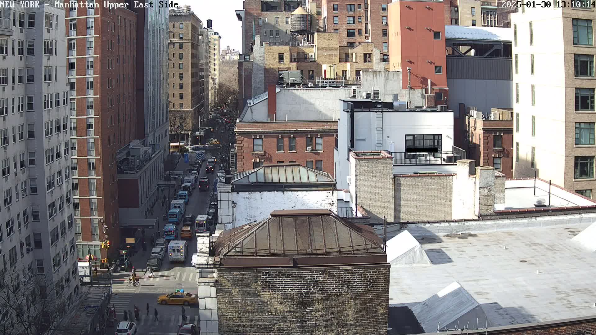 A sunny day reveals a high-angle view of a densely packed cityscape, with numerous brick buildings and a street below bustling with cars and pedestrians.