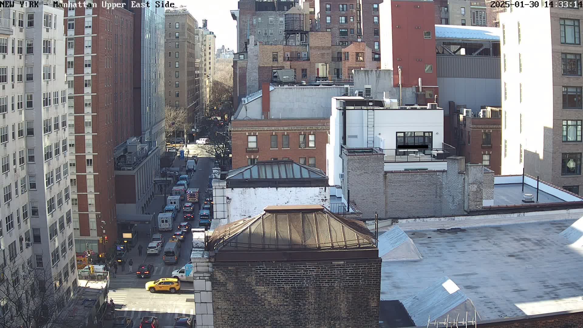 A sunny, city street scene shows several multi-story buildings and a line of traffic, including emergency vehicles.