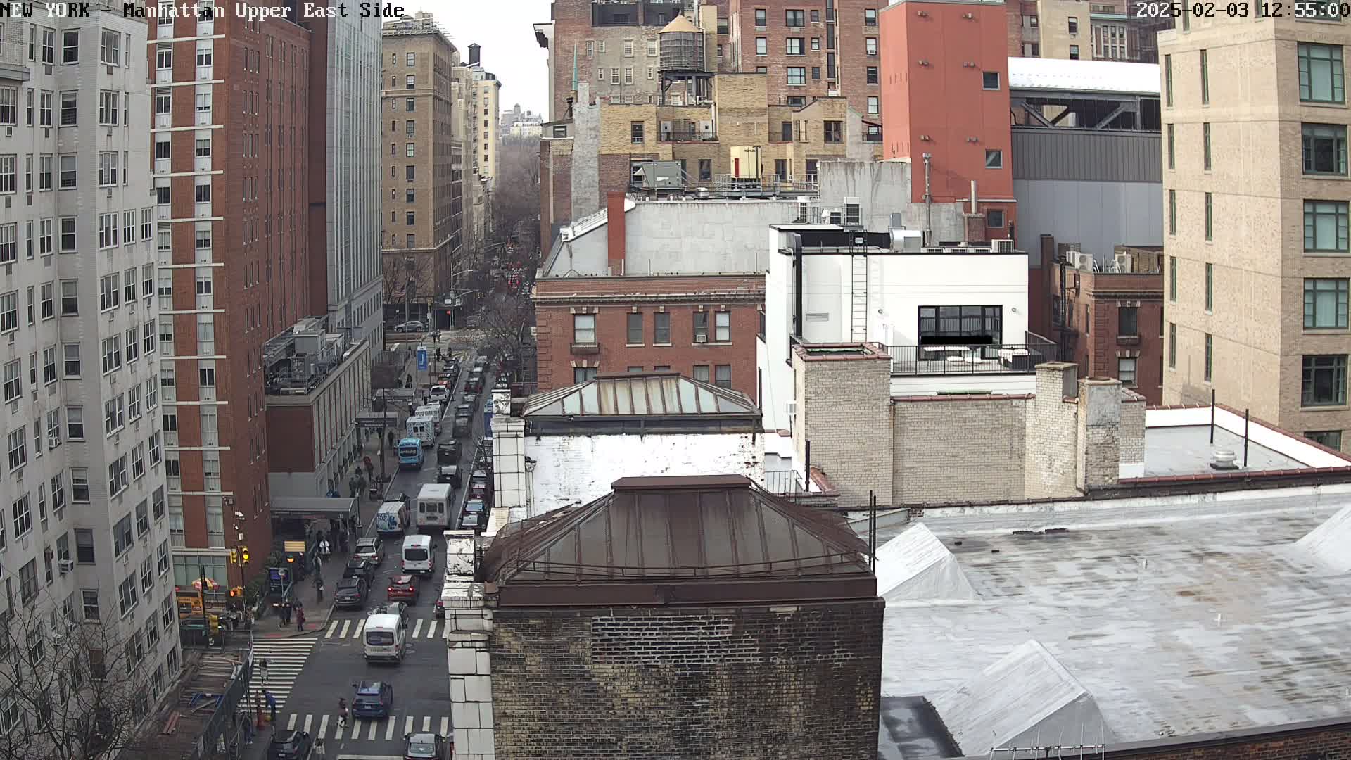 A city street scene on an overcast day shows several tall buildings and moderate traffic.