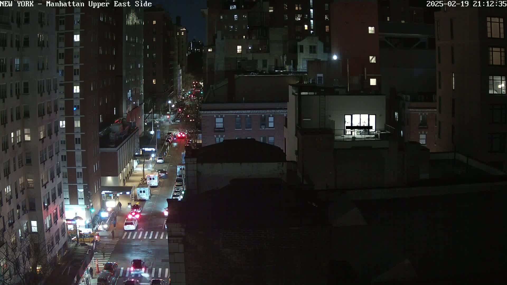 A nighttime, high-angle view of a city street with several vehicles and pedestrians, surrounded by tall buildings.