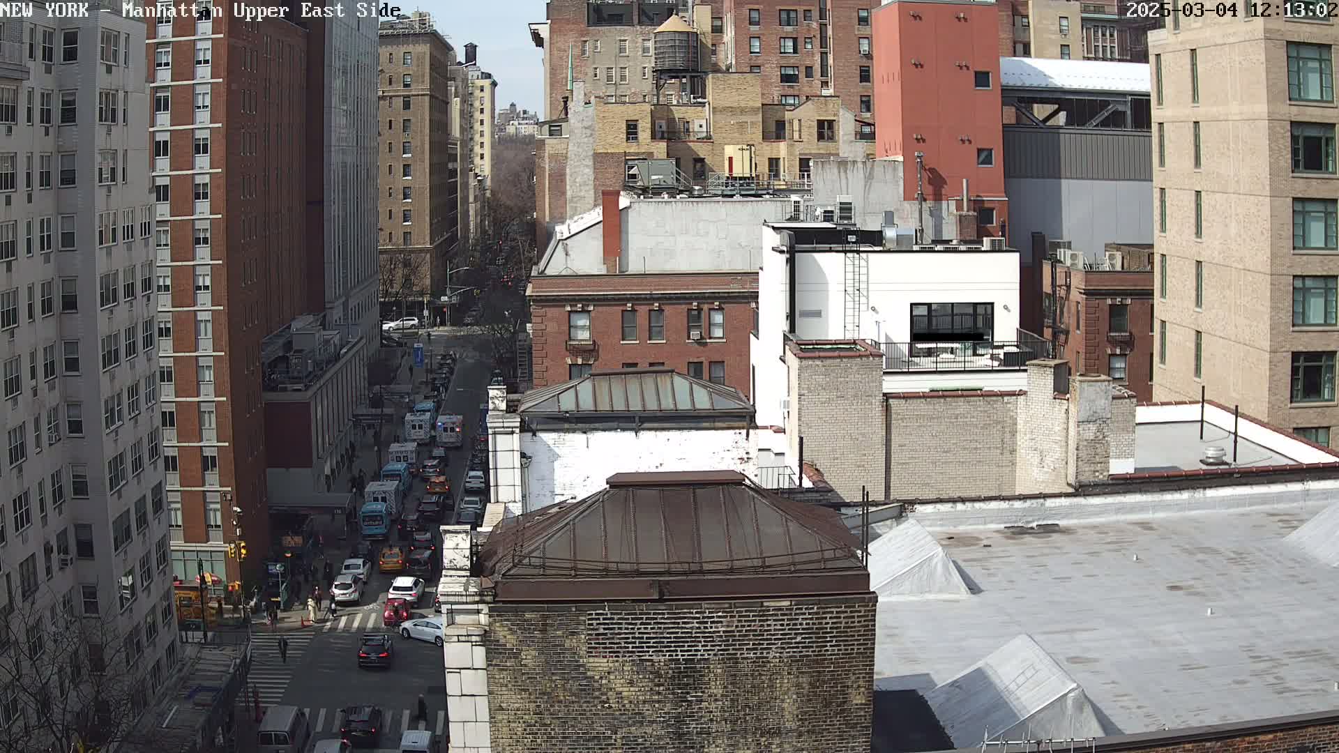 A high-angle, sunny view of a city street with traffic, many brick buildings, and rooftops.