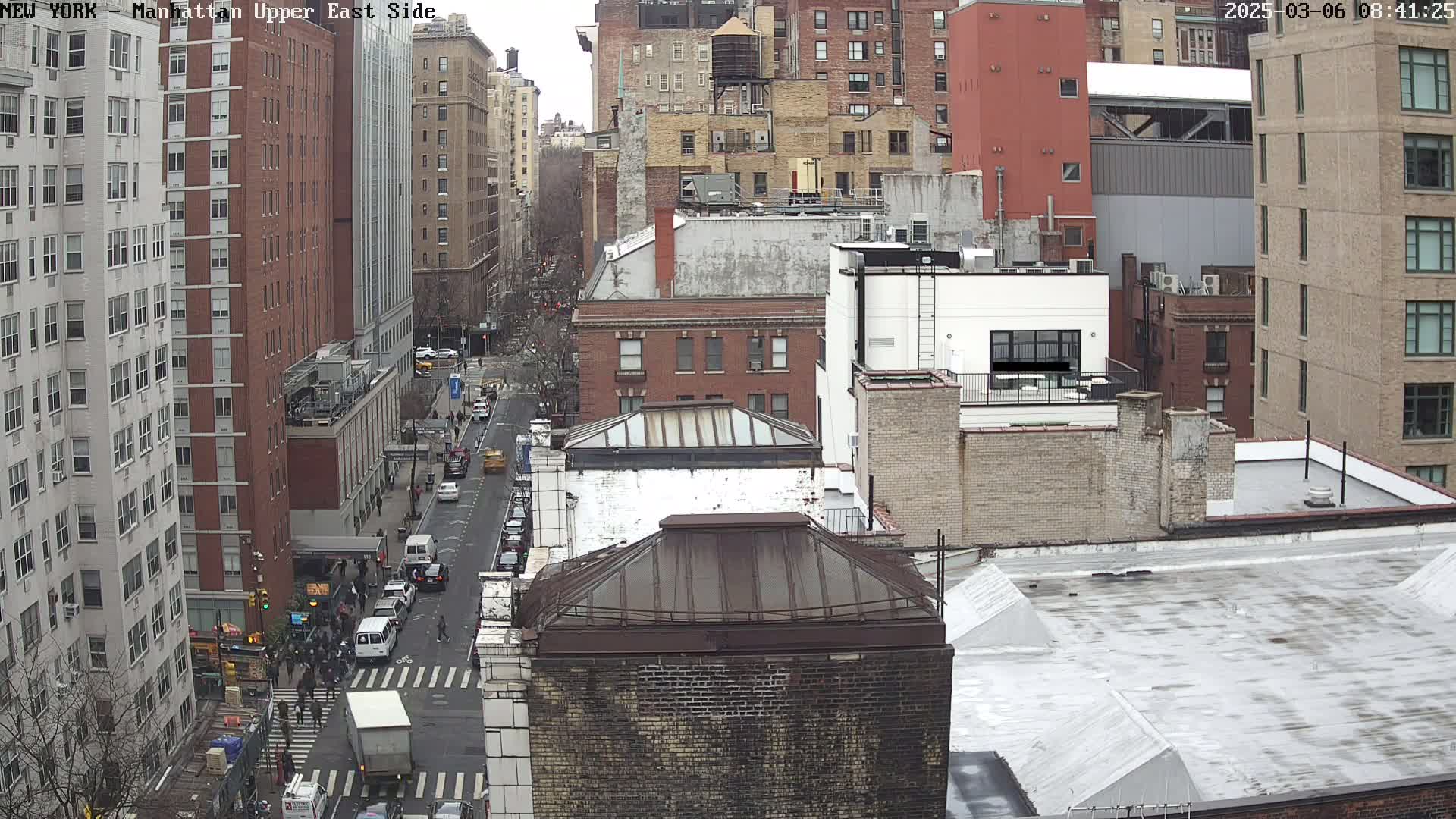 A high-angle view of a city street scene on an overcast day, showing several multi-story brick buildings, a street with cars and pedestrians, and various rooftops.