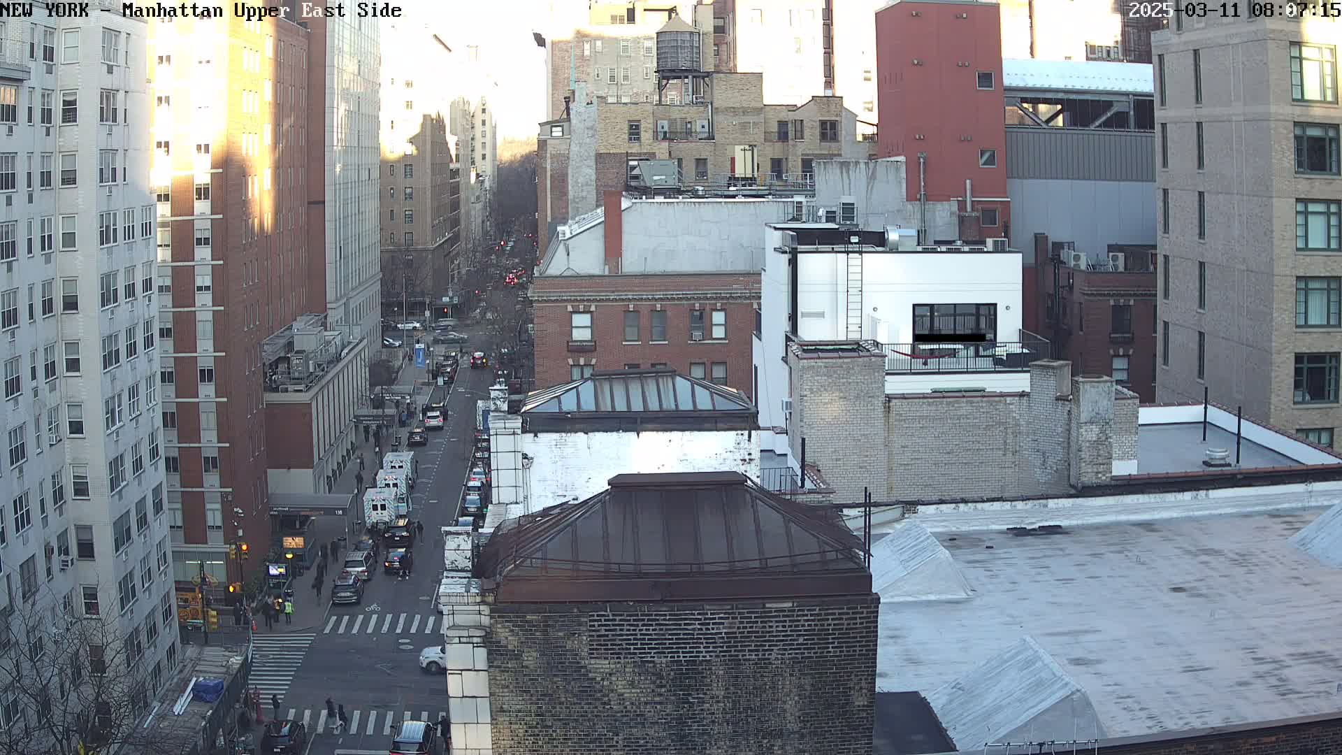 A high-angle view of a city street with several buildings, some vehicles, and pedestrians, under a mostly clear sky.