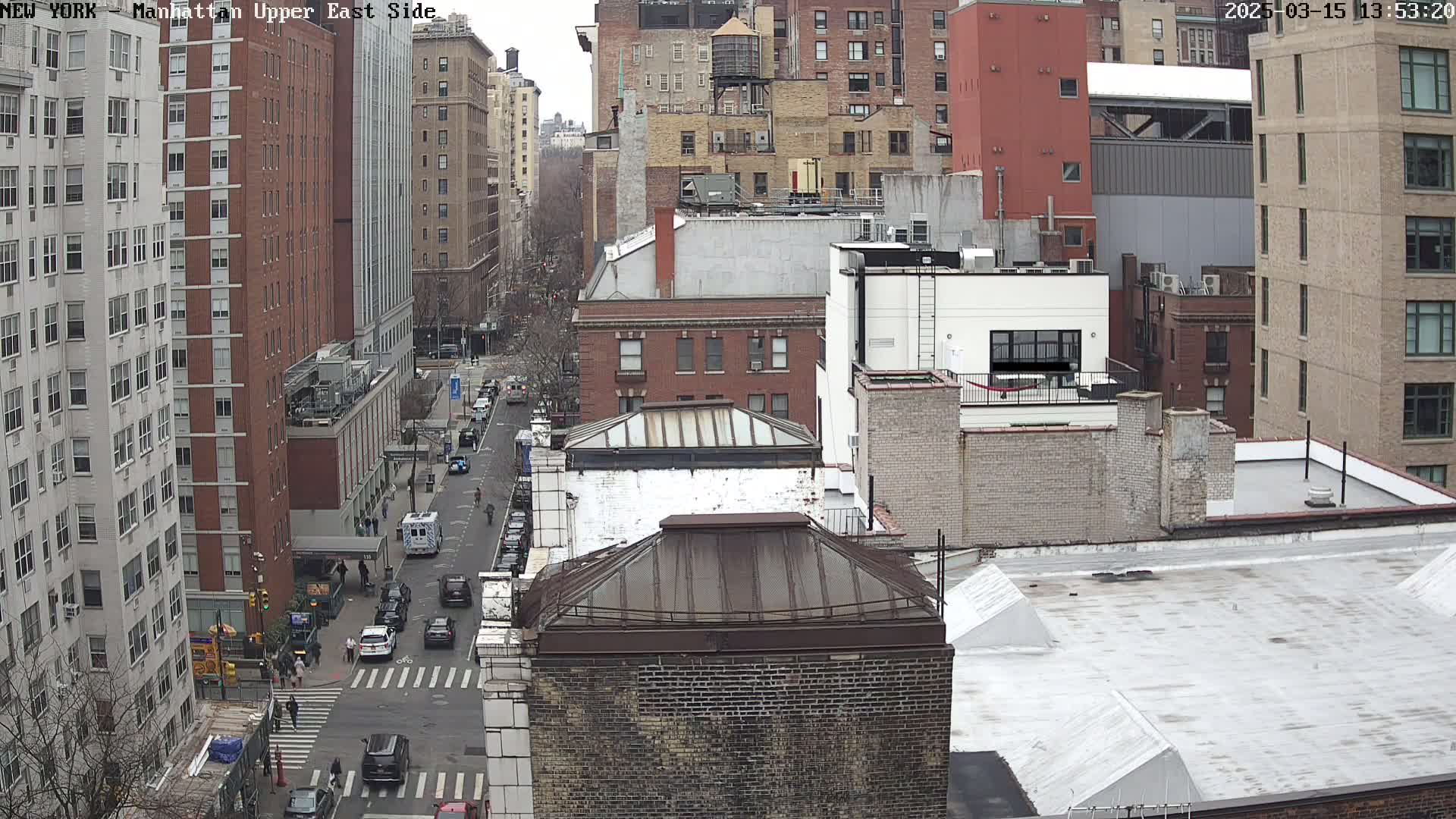 A high-angle view of a city street scene on an overcast day, showing several multi-story brick buildings and cars on a street below.